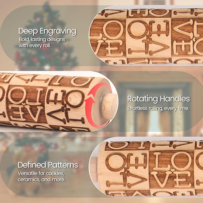 LOVE Embossed Rolling Pins for Cookies, Wooden Engraved Rolling Pins for Baking, Valentine Patterned Embossing Rolling Pin with Designs Decorative Springerle Cookie Mold Stamp Clay Pattern Roller