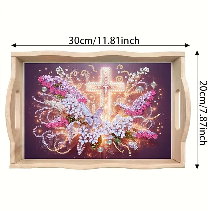 BAYUNOE DIY Diamond Serving Tray Rectangular Breakfast Tray with Handle Handmade Diamond Art Painting Wooden Tray Spring Creative Dinner Plate Coffee Room Living Home Organizer-Glowing Cross