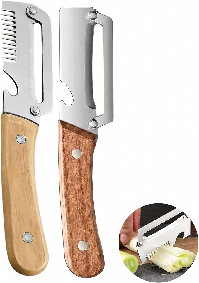 Multi Functional Vegetable Peeler for Kitchen, Vegetable Peeler & Shredder, Stainless Steel Blade with Wooden Handle, Multifunctional Kitchen Tool for Peeling, Shredding, and Bottle Opening 2pcs