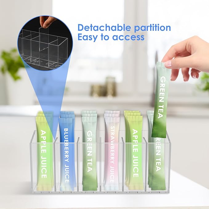 2Pcs Transparent Tea Packet Storage Container Plastic Coffee Packet Holder Organizer Clear Pantry Organizer Bin with 5 Removable Dividers