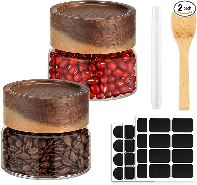 Glass Jar with Wood Lid, 2 Pack 3oz 80ml Small Glass Spice Jars with Airtight Screw Lids, Cute Coffee Containers Clear Glass Canister for Beans, Sugar, Tea, Sauce, Honey, Herb