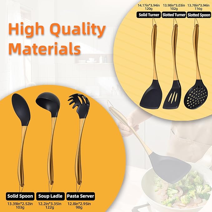Kitchen Utensils Set, Large Non-stick Silicone Cooking Utensils Set 6 Pcs,Made of 446°F Heat Resistant Food Grade Silicone and Stainless Steel Handles,Easy to Clean Kitchen Gadgets Set (Gold)