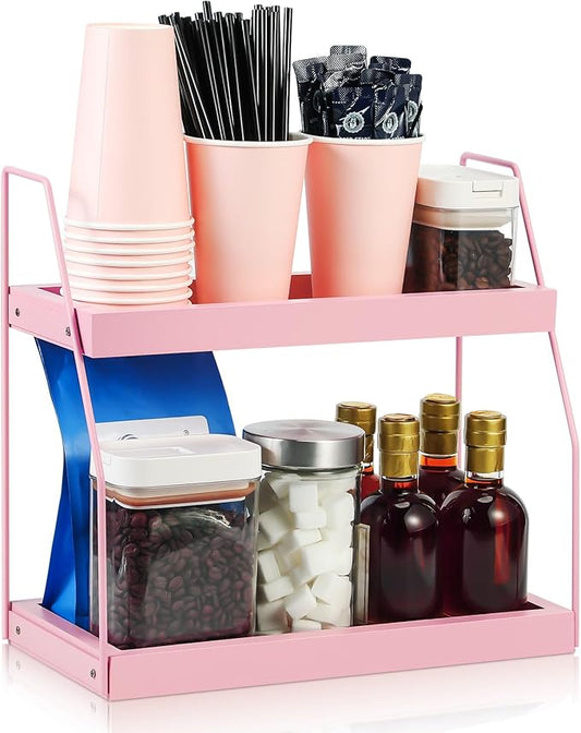 Colingmill Pink Coffee Station Organizer, 2 Tier Wooden Countertop Organizer for Coffee Bar Accessories, Condiment Storage Caddy for Kitchen, Bathroom, Office, Pink Kitchen Accessories Decor