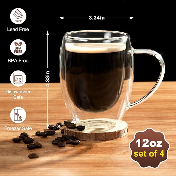 FrutPunch Double walled glass coffee mugs, Glass Coffee Mugs Set Of 4, Glass Coffee Cups with Handles, 12OZ, Suitable for Cappuccino, Latte, Espresso, Hot Drinks, Cold Drinks (4, 12, Fluid Ounces)