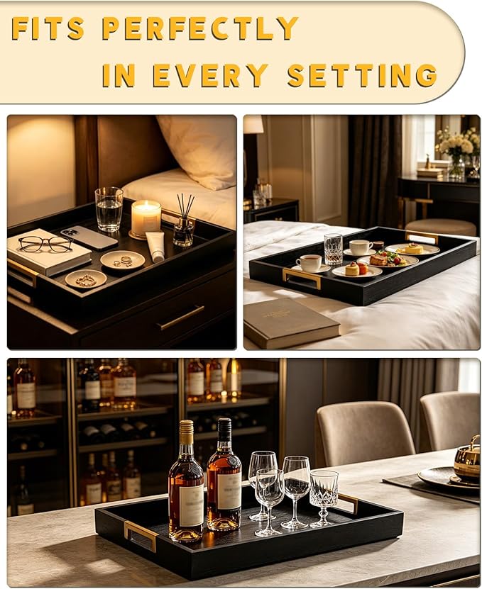 22" x 15.75" Black Wooden Serving Tray with Golden Metal Handles, Large Rectangular Wood Ottoman Tray for Living Room, Coffee Station, Ottoman Table