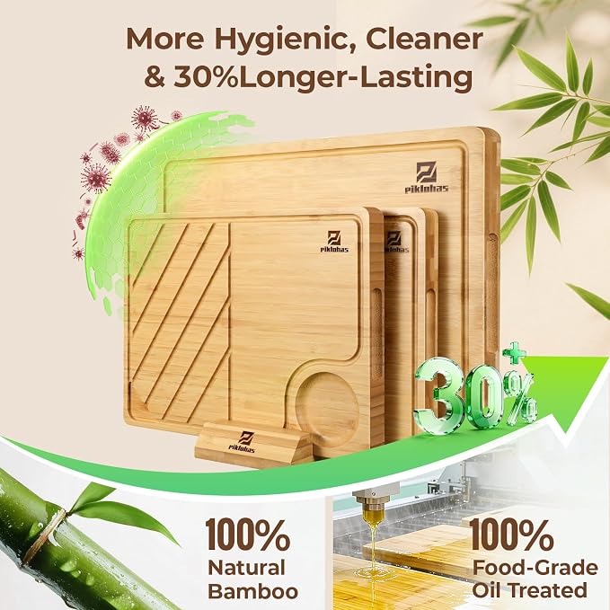Piklohas Large Bamboo Cutting Boards Set of 4 for Kitchen, Bamboo Charcuterie Chopping Board with Holder Non Slip, Steak Serving Tray with Juice Groove, Big Butcher Block for Cheese, Ideal for Gift
