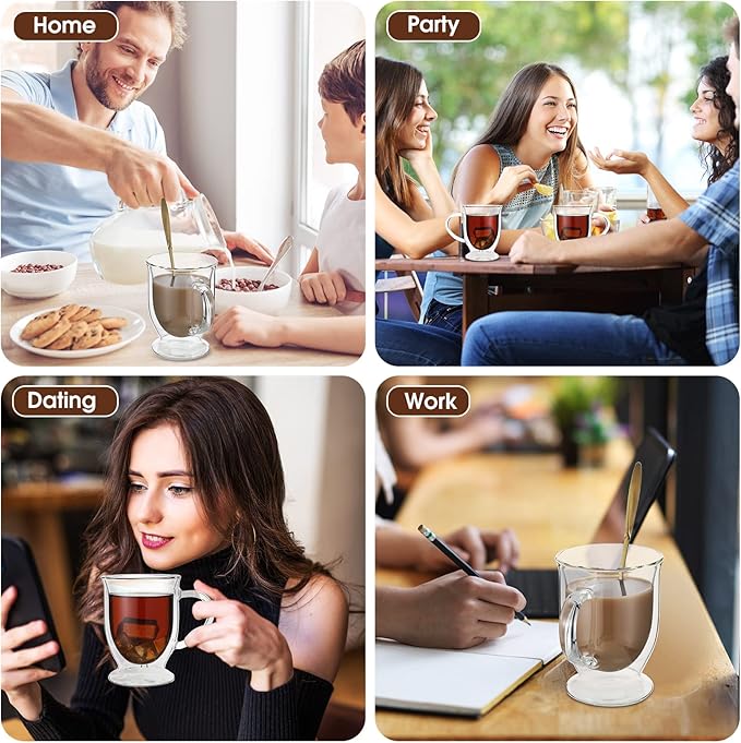 Gejoy 6 Sets Double Wall Glass Coffee Mugs with Spoon Insulated Clear Coffee Mug with Handle Borosilicate Glass Coffee Cups Latte Cup for Cappuccino, Tea, Latte, Espresso, Hot Beverage(16 OZ)