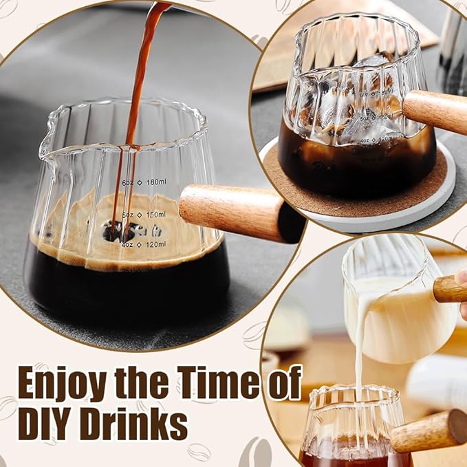 2Pcs Espresso Shot Glass, FHDUSRYO 6oz Espresso Cups with 2Pcs Coffee Measuring Spoon, Expresso Shot Cup with V-Shape Mouth, Milk Frothing Pitcher, Glass Measuring Cup Expresso Accessories (Clear)