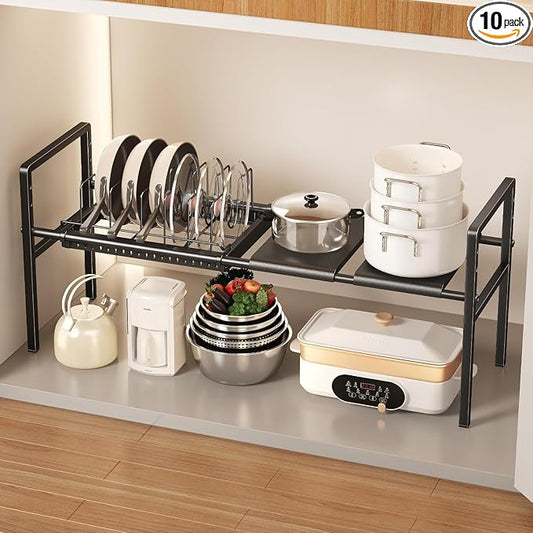 Mustorn Pots and Pans Organizer Under Cabinet, Expandable 1 Tier Under Sink Organizers and Storage Adjustable Height Kitchen Pot and Pan Lid Holder Rack with 6 Dividers Under Cabinet Shelf(Black)