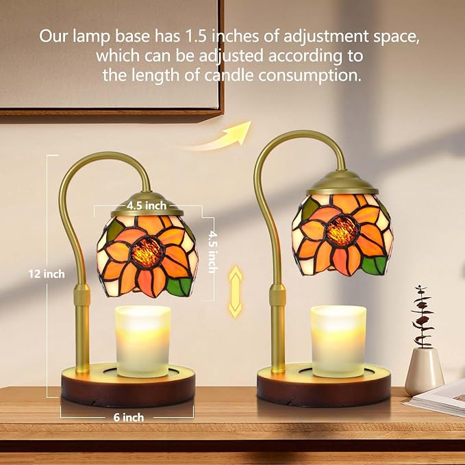 Sunflower Tiffany Candle Warmer Lamp with Wood Base - Height Adjustable, 2/4/8H Timer, 4-Level Dimmer - Includes 2 GU10 Bulbs - Farmhouse Aesthetic Room Decor & Gifts for Women, Fits Candles up to 5"