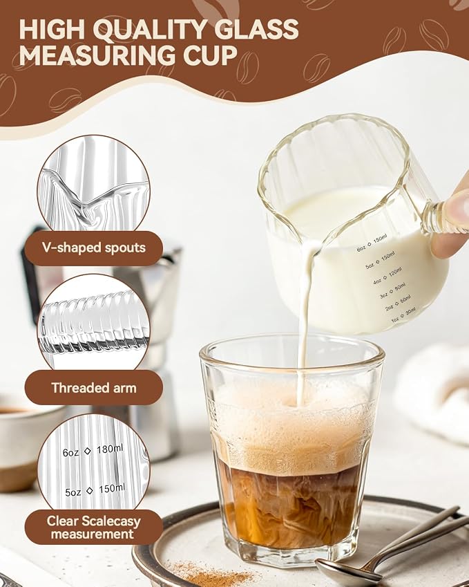 6OZ Glass Measuring Cup - 180ml Borosilicate Glass Espresso Shot Glass with Glass Handle, V-Shaped Spout for Milk Frothing, Espresso Accessories for Machine, Dishwasher Safe