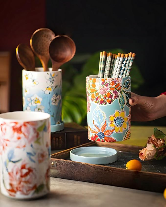 Utensil Holder for Kitchen Counter, Large Ceramic Utensil Holder Crock with Drain Tray, Hand-Painted Floral Rustic Farmhouse Kitchen Crock, Perfect for Women, Christmas, Hostess Gifts & Fall Decor