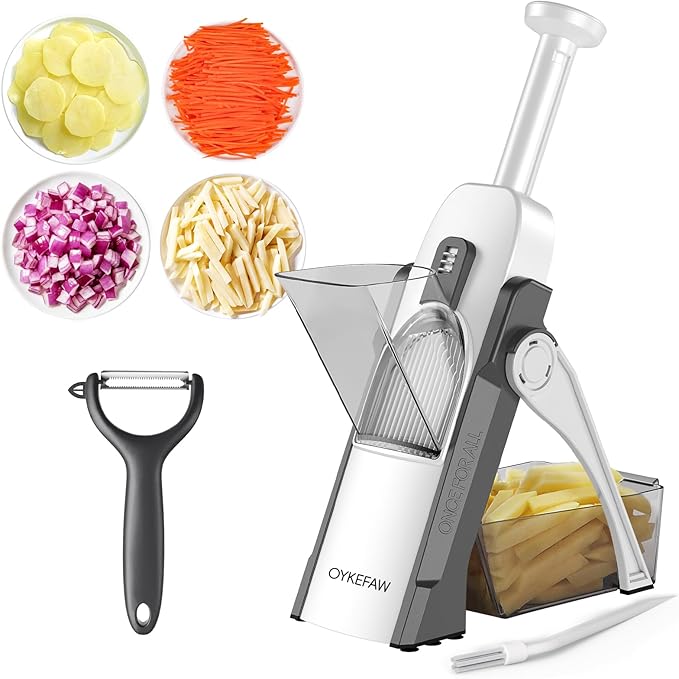 Safe Mandoline Slicer for Kitchen, 5 in 1 Vegetable Chopper, French Fry Cutter For Potatoes, Potato Slicer,Food Chopper,Adjustable Thickness 0.1-8 mm, With Peeler/Cleaning Brush, Mandolin