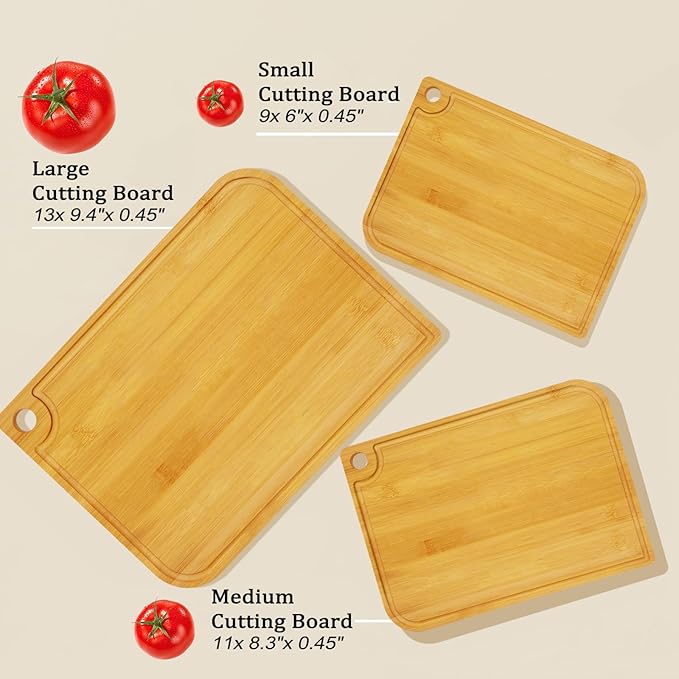 3Pcs Bamboo Cutting Boards for Kitchen, Healthy Wooden Cutting Boards for kitchen, Charcuterie, Vegetables, Cheese, Chopping Boards with Deep Juice Groove and Handle, Natural