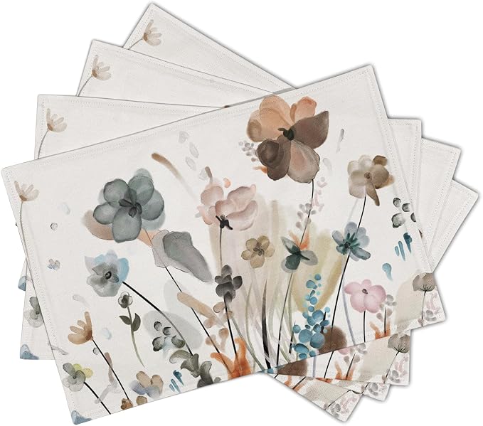 Brown Cream Grey Teal Floral Placemats Set of 4 Watercolor Flowers Place Mats Washable Dining Rustic Abstract Floral Farmhouse Linen Table Mats Stain Heat-Resistant Cloth Table Mat Decor 12x18 in