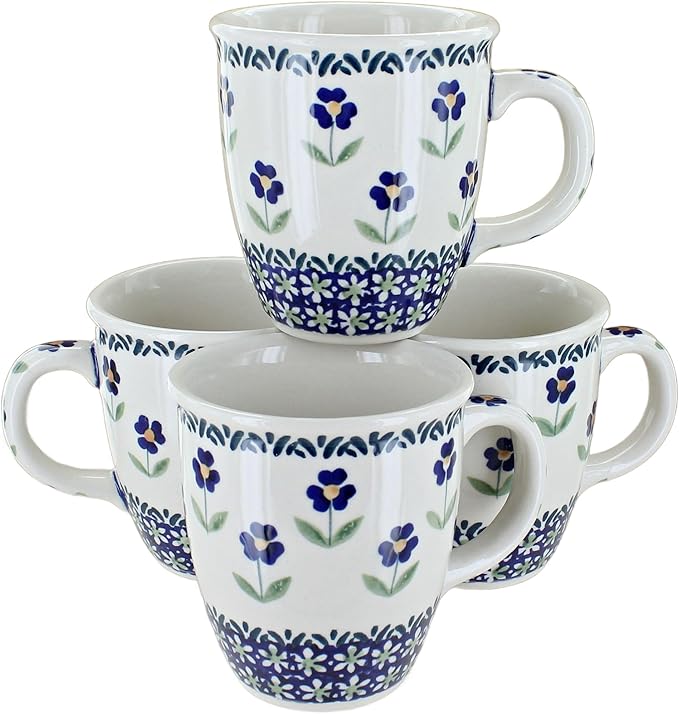 Blue Rose Polish Pottery - Blue Daisy 4 Piece Mug Set - 4 8 oz Mugs - Great Mug Set for Entertaining Guests