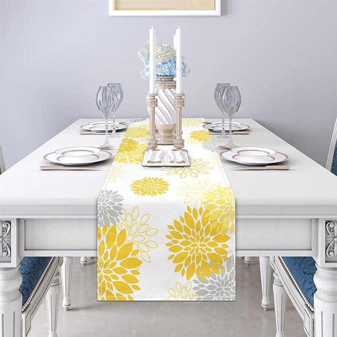 Dahlia Flower Table Runner 13x36 Inch Farmhouse Yellow Gray Runners Modern Table Decorations Rustic Geometric Coffee Table Runner for Home Kitchen Dining Room Party (13"x36", Dahlia Floral-Yellow)