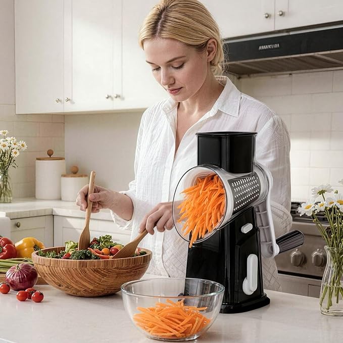 Ourokhome Rotary Cheese Grater Cheese Shredder with 5 Interchangeable Blades, Rotary Grater with Non-slip Suction Base Hand Crank Slicer for Vegetable Nuts Black