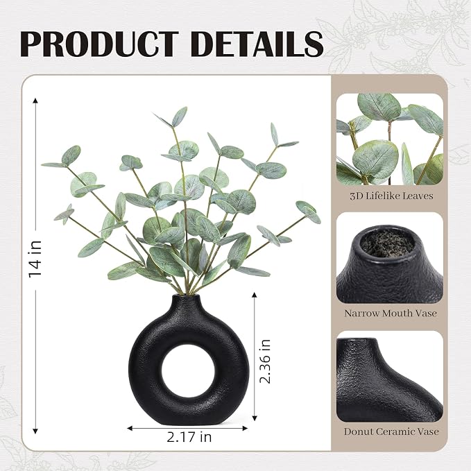 FIACO Artificial Eucalyptus Stems in Ceramic Vase, 14" Fake Plants for Home Decor, Coffee Table Centerpiece Bathroom Shelf Dining Table Farmhouse Faux Greenery Plants Indoor Decorations