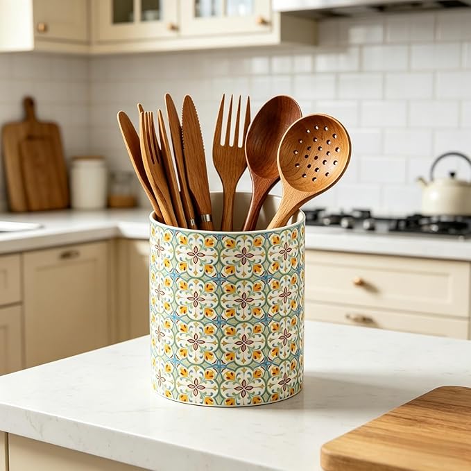 Kitchen Ceramic Utensil Holder Rustic, Floral Utensil Crock for Countertop, Embossed Pattern with Kiln-Fired Finish, Stable Vintage Utensil Holder for Kitchen Accessories, Housewarming Gift