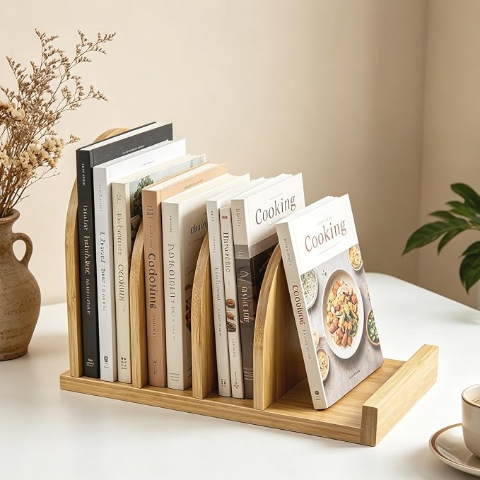 Bamboo Cook Book Organizer Stand, 4 Slots Recipe Book Holder Cookbook Display for Kitchen Counter, Tabletop Cooking Book Storage, Gift for Women