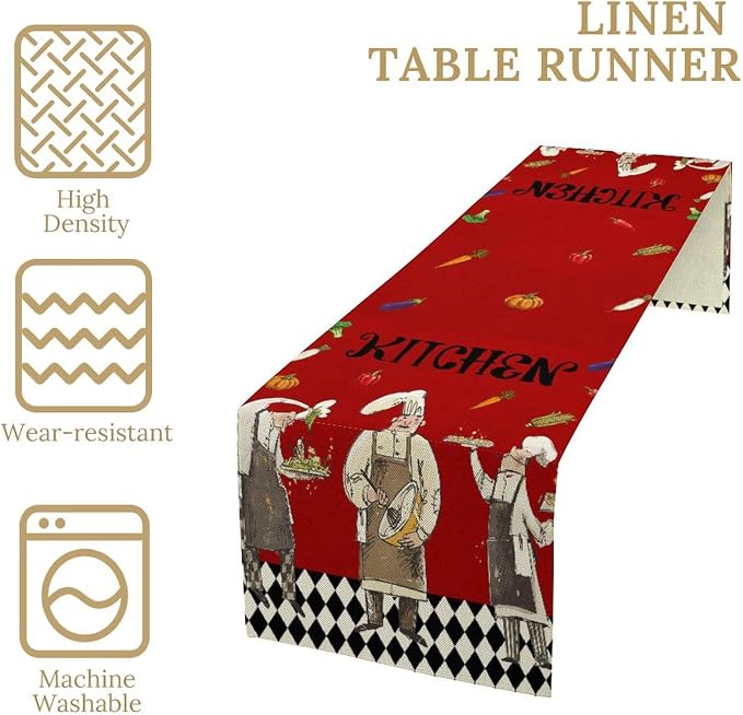 Chef Kitchen Table Runner, Red Simple Natural Vintage Plaid Country Quirky Chef Fruit Vegetable Pumpkin Corn Chilli Table Decor Table Top Dining Kitchen Wedding Party 13x90 in