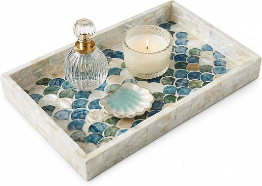 Mother of Pearl Inlay Wooden Tray – Handmade Decorative Rectangle Serving Tray for Coffee Table, Kitchen, Bathroom, Vanity or Living Room Decor, Blue Scallop