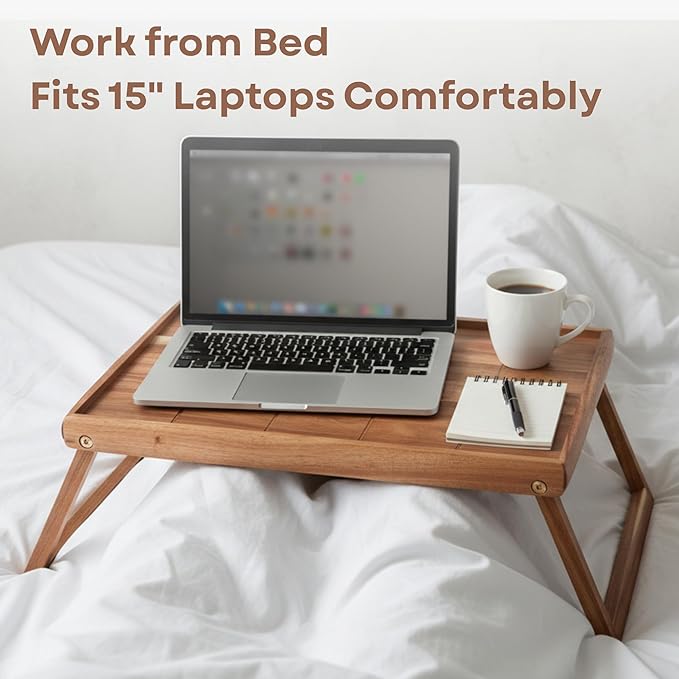Bed Trays for Eating and Laptops - Acacia Wood Breakfast in Bed Tray with Folding Legs - Large Food Tray for Bed Lap Trays for Eating on Couch Adults - Foldable Wooden Breakfast Trays for Bed 17x13