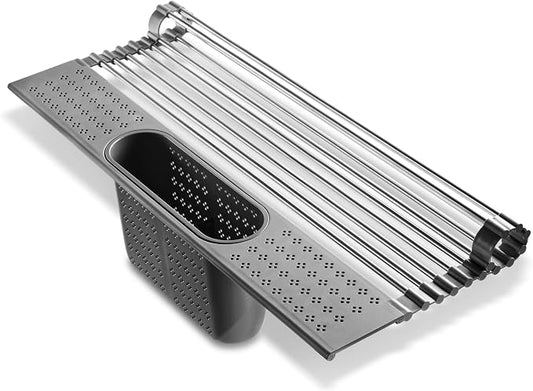 edge Roll Up Dish Drainer, Over The Sink Multi-Purpose Foldable Drying Rack with Caddy, Gray, Medium- 17.3"x11"