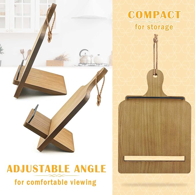 Cookbook Stand Recipe Book Holder: Cookbook Stand for Kitchen Counter, Adjustable iPad Tablet Recipe Book Holder, Rustic Wood Cutting Board Style, Gift for Women