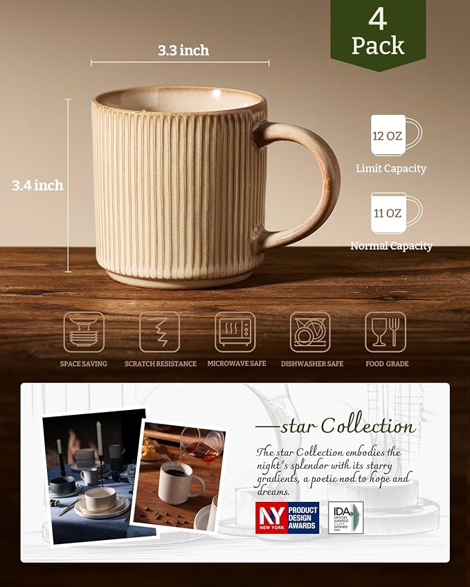 famiware Coffee Mug Set for 4, Star 12 oz Catering Mugs Cup Set with Handle for Coffee, Tea, Cocoa, Milk - Ceramic Stoneware Drinkware Set, Cream