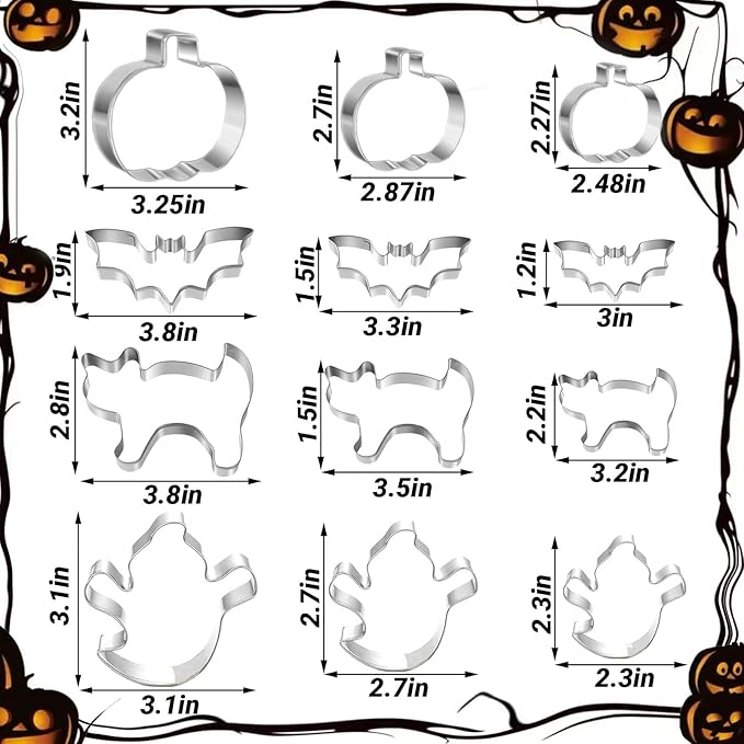 12PCS Halloween Cookie Cutters Set Stainless Steel, Ghost Bat Cat Pumpkin Shapes (Halloween-12pcs) (12pcs)