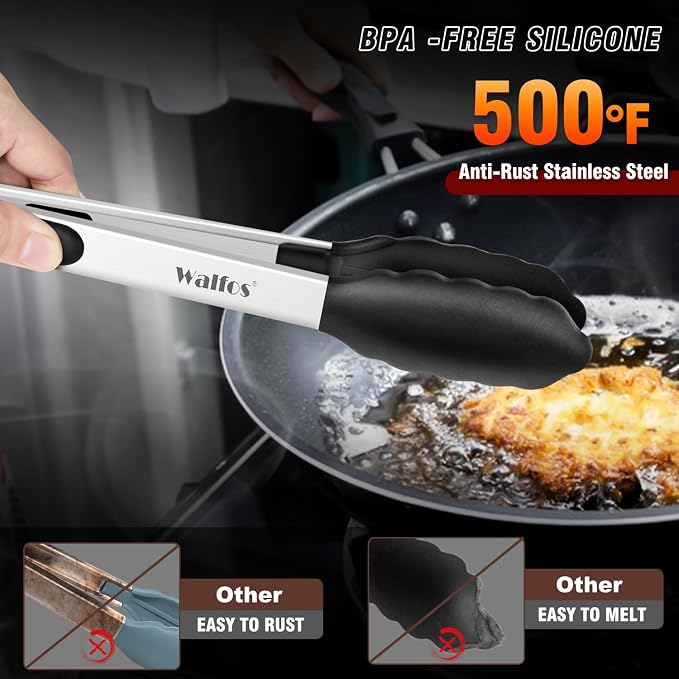 Walfos Kitchen Tongs - Heat Resistant Cooking Tongs Set of 3, Stainless Steel and BPA Free Silicone Tips, Great for Cooking, Grilling, Turning, 7" 9" and 12" (3 black silicone tongs)