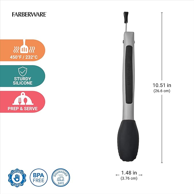 Farberware Silicone-Tipped Locking Kitchen Tongs – Heat Resistant, Nonstick Safe, Ergonomic Handle, Scalloped Tips, Durable and Dishwasher Safe, 9 Inch