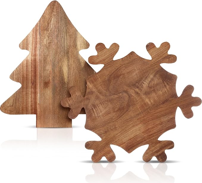 Umigy 2 Pcs Christmas Charcuterie Boards Christmas Tree Wooden Cutting Board with Handle Antler Acacia Wood Cute Cutting Board for Cheese Fruit Bread Salad Vegetables Snack Dessert(Snowflake Style)