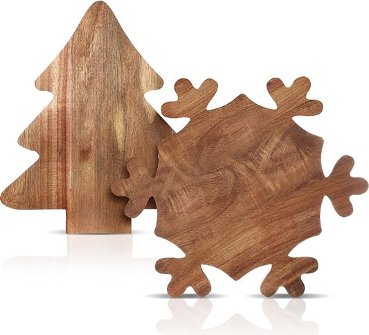 Umigy 2 Pcs Christmas Charcuterie Boards Christmas Tree Wooden Cutting Board with Handle Antler Acacia Wood Cute Cutting Board for Cheese Fruit Bread Salad Vegetables Snack Dessert(Snowflake Style)