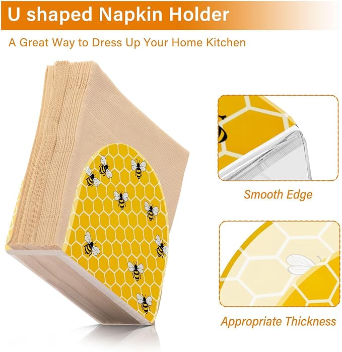Yellow Bees and Honey Napkin Holder for Tables Paper Cocktail Napkin Holders for Kitchen and Dinning, Acrylic Dinner Napkin Dispenser for Restaurant Home Decor Bar Accessories 1 Pack