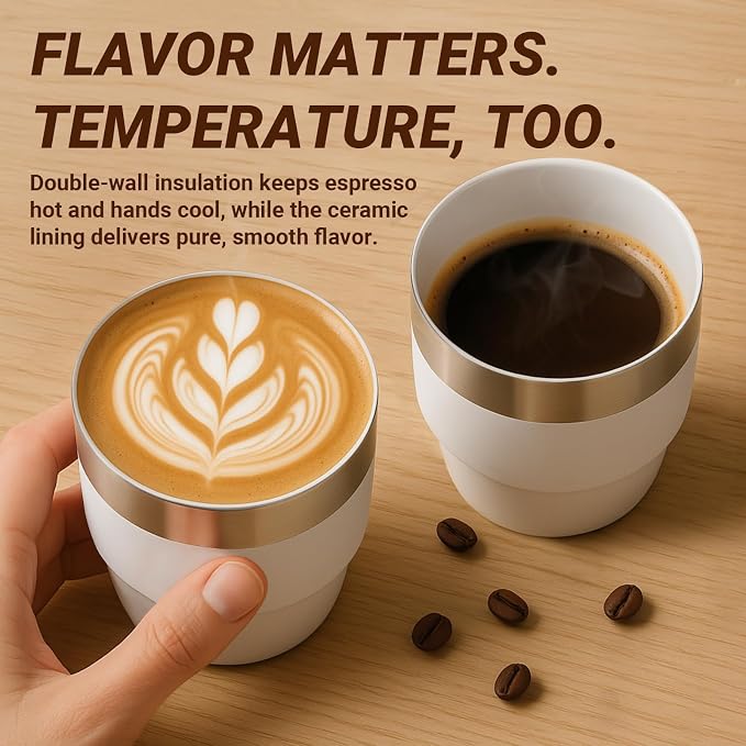 4 oz Small Espresso Cup, Ceramic-Lined 18/8 Stainless Steel, Double-Wall Vacuum Insulated, Stackable, Dishwasher Safe, Fits Most Espresso Machines, for Espresso Shots (Navy, 2 Pack)