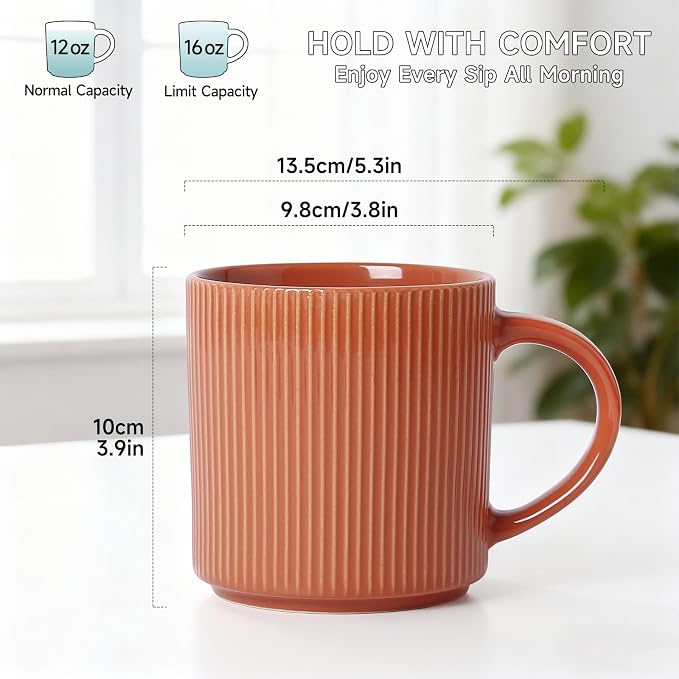 MONITO 16Oz Coffee Mugs Set of 4, Rustic Ceramic Coffee Cups Set with Large Handle, Vintage Striped Stoneware Coffee Mugs for Latte, Cocoa, Tea, Milk, Microwave & Dishwasher Safe, BRICK RED