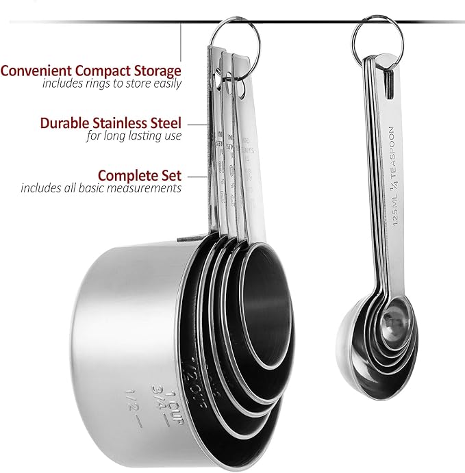 Stainless Steel Measuring Cups And Measuring Spoons 10-Piece Set, 5 Cups And 5 Spoons