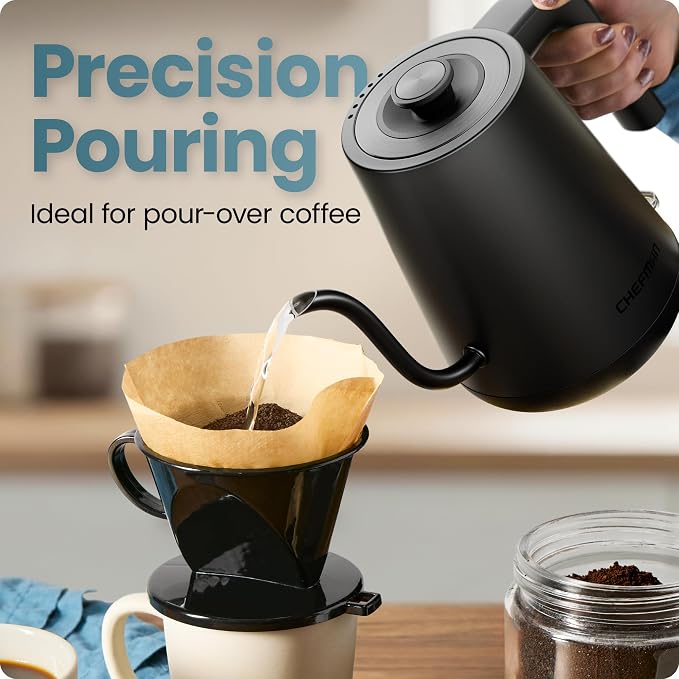 Chefman Gooseneck Electric Kettle, 0.8L Pour Over, Black | One-Touch Operation, Boil-Dry Protection, Auto Shut-Off, Ultra-Fast Hot Water Boiler, For Coffee and Tea