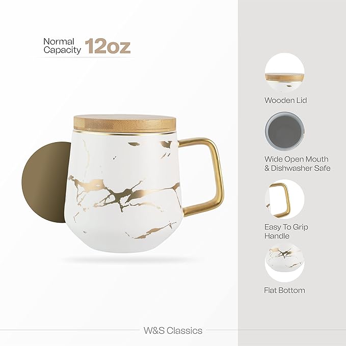Classic Ceramic Kintsugi Style White Coffee Tea Mug with Gold Inlay, Spoon and Bamboo Lid- 12 OZ, Large Mugs for Men and Women, Unique Design, Perfect Novelty Gift- Dishwasher Safe