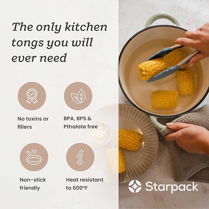 Starpack Get a Grip Silicone Kitchen Tongs (9 Inch) - LFGB Non Toxic, 600°F Heat Resistant, BPA-Free - Heavy-Duty Stainless Steel, Locking - Dishwasher Safe for Nonstick Cookware Light Blue
