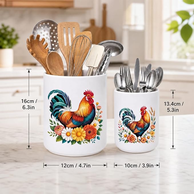 2 Pcs Rooster Ceramic Utensil Holder, Cute Rooster Utensils Holder Kitchen Decor for Farmhouse Indoor Kitchen Decorations Rustic Farmhouse (6.3 inch/5.1 inch)