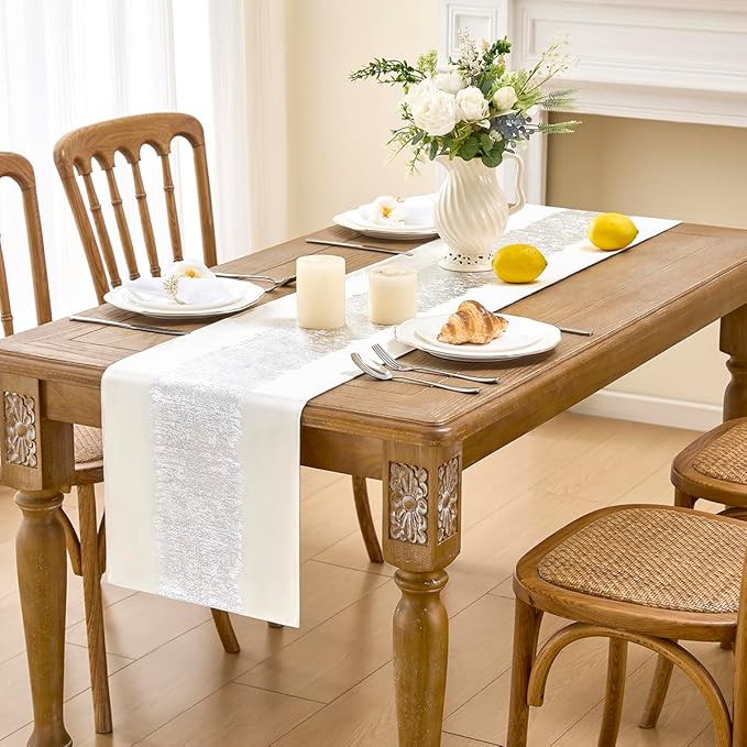 Metallic Style Table Runner, Cotton and Linen Silver Table Runners 60 inches Long,Pre-Pressed Metal Striping Process, Birthday Wedding Decorations for Home Living Room Decor(Silver, 13"x60")