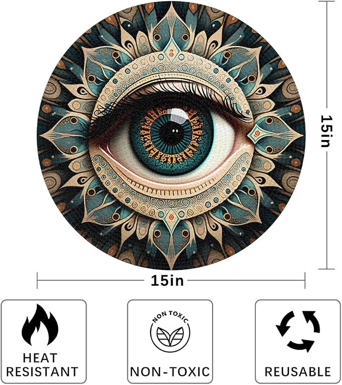 Round Placemats Set of 4, Ethnic Flowers Eye of Evil Woven Placemats Mats Non-Slip Heat Resistant Washable Table Mats Round Braided Place for Farmhouse Kitchen Dining Party Decor 15in