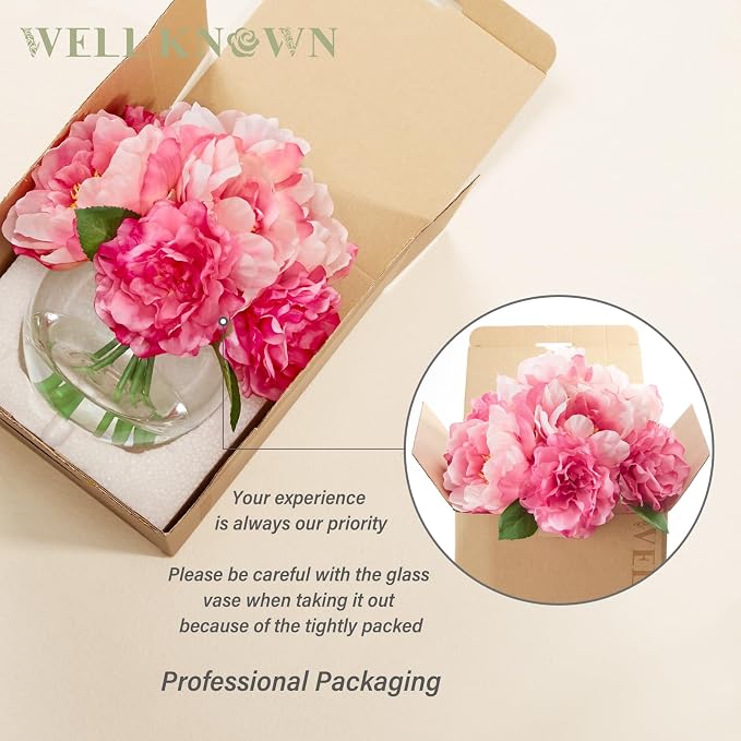 WELL KNOWN Artificial Flowers in Vase, Silk Peonies Bouquet with Faux Water, Fake Peony Pink Flower Arrangement for Home Wedding Birthday Party Dining Table Centerpiece Spring Decor & Mom's Gift
