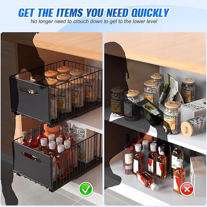 2 Pack Pull Out Cabinet Organizer, 15"" Depth Slide Out Drawer with Nano Adhesive (No Drilling), Heavy Duty Tall Wire Basket for Kitchen, Under Sink, Bathroom, 9.44"" W x 7.08"" H, Black