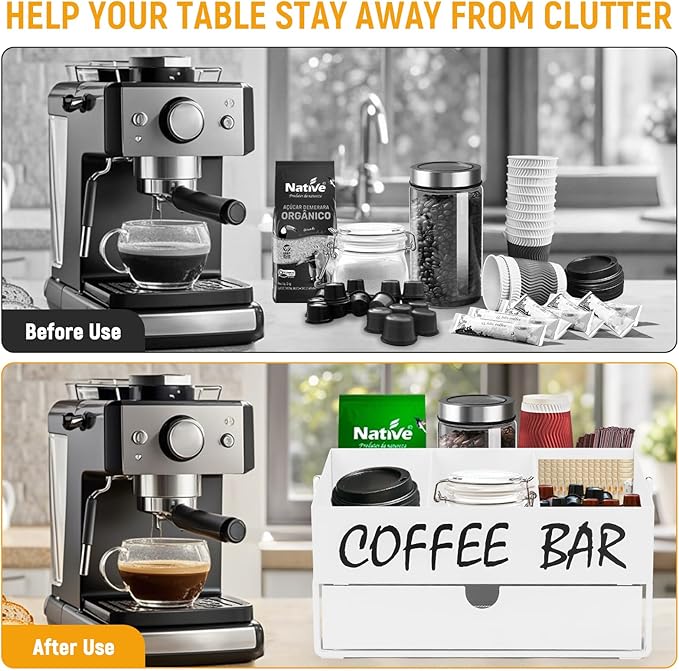 Coffee Bar Accessories Organizer - Countertop Coffee Station with Drawer, Pod Holder & Condiment Organizer，White