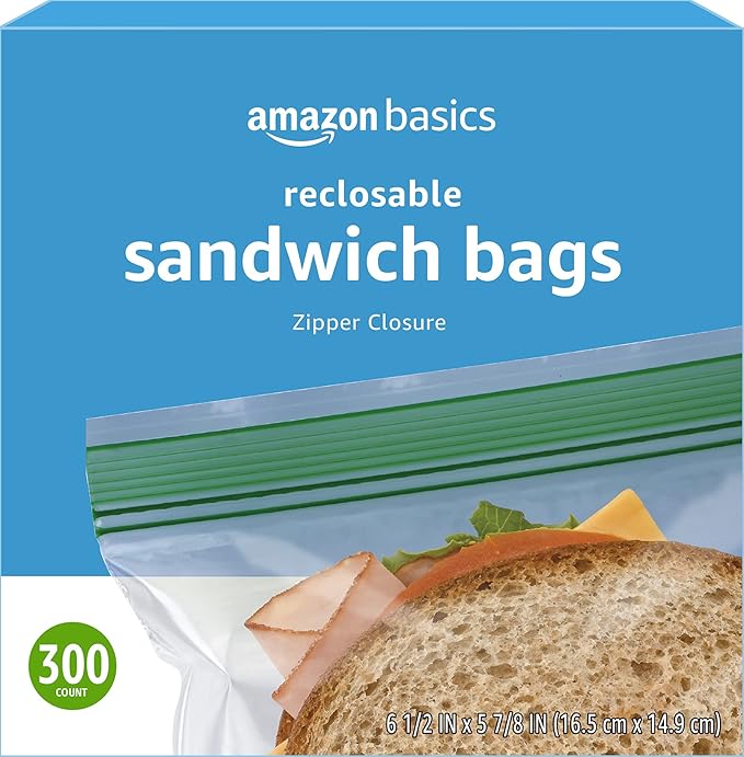 Amazon Basics Resealable Double Zipper Sandwich Storage Bags for Food Storage, (Previously Solimo), 300 Count (Pack of 2)